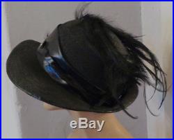Antique Edwardian Black Straw Hat Wide Brim w Feathers & Double side Hat Pin