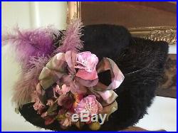 Antique Edwardian Fur Hat w Ostrich FeathersSilk & Velvet Millinery Flowers