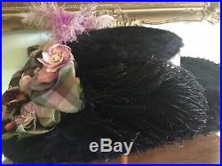 Antique Edwardian Fur Hat w Ostrich FeathersSilk & Velvet Millinery Flowers
