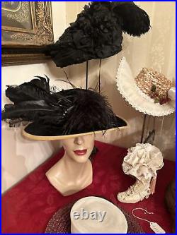 Antique Edwardian Hat 1900 Mourning With Wire FramChantilly Lace And Beaded Trim