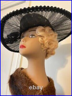 Antique Edwardian Hat 1900 Mourning With Wire FramChantilly Lace And Beaded Trim
