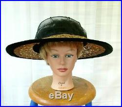 Antique Edwardian Hat 1900s 1910s Vintage Wide Brim Black Velvet Straw Plaiting