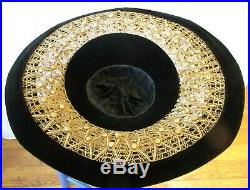 Antique Edwardian Hat 1900s 1910s Vintage Wide Brim Black Velvet Straw Plaiting