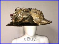Antique Edwardian Hat 1910s Blooming Roses Brown Velvet