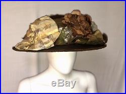 Antique Edwardian Hat 1910s Blooming Roses Brown Velvet