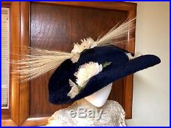 Antique Edwardian Hat 1910s Wide Brim Fur Felt Egret Plumes