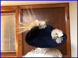 Antique Edwardian Hat 1910s Wide Brim Fur Felt Egret Plumes