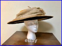 Antique Edwardian Hat Ca. 1912 Wide Brim Natural Straw