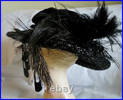 Antique Edwardian Hat Lady's Ca 1910 Velvet Feathers