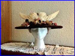 Antique Edwardian Hat Large Wide Brim Fur Felt Dove Wings Millinery Roses