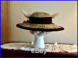 Antique Edwardian Hat Large Wide Brim Fur Felt Dove Wings Millinery Roses