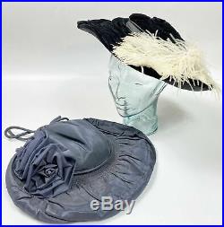 Antique Edwardian Hat Lot Of 2 Wide Brim Black Velvet Feathers Euc
