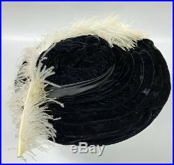 Antique Edwardian Hat Lot Of 2 Wide Brim Black Velvet Feathers Euc