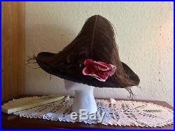 Antique Edwardian Hat Opulent Oversized Velvet Hat Ca. 1912 Merry Widow Plume