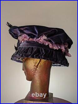 Antique Edwardian Hat Purple Bird Of Paradise 1900 1910 Titanic Era Belle Époque
