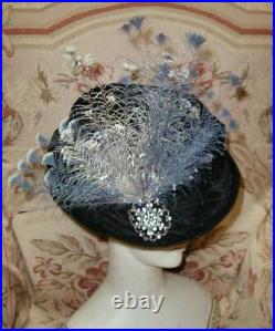 Antique Edwardian Hat w Rare Blue Goura Paradise Plumes Velvet w Jewel Brooch