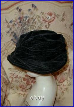 Antique Edwardian Hat w Rare Blue Goura Paradise Plumes Velvet w Jewel Brooch