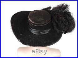 Antique Edwardian Massive Brim Velvet Hat W Ostrich Plume Trims