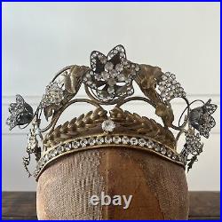 Antique Edwardian Metal Crown Rhinestone Flowers On Springs w. Wheat & Grapes