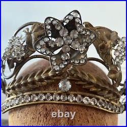 Antique Edwardian Metal Crown Rhinestone Flowers On Springs w. Wheat & Grapes