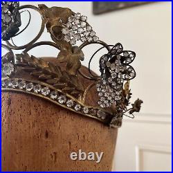 Antique Edwardian Metal Crown Rhinestone Flowers On Springs w. Wheat & Grapes