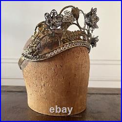 Antique Edwardian Metal Crown Rhinestone Flowers On Springs w. Wheat & Grapes