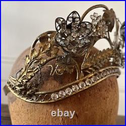 Antique Edwardian Metal Crown Rhinestone Flowers On Springs w. Wheat & Grapes