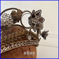 Antique Edwardian Metal Crown Rhinestone Flowers On Springs w. Wheat & Grapes