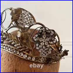 Antique Edwardian Metal Crown Rhinestone Flowers On Springs w. Wheat & Grapes