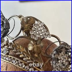 Antique Edwardian Metal Crown Rhinestone Flowers On Springs w. Wheat & Grapes