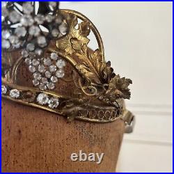 Antique Edwardian Metal Crown Rhinestone Flowers On Springs w. Wheat & Grapes