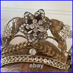 Antique Edwardian Metal Crown Rhinestone Flowers On Springs w. Wheat & Grapes