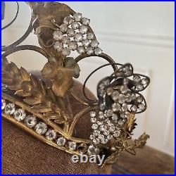 Antique Edwardian Metal Crown Rhinestone Flowers On Springs w. Wheat & Grapes