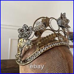 Antique Edwardian Metal Crown Rhinestone Flowers On Springs w. Wheat & Grapes