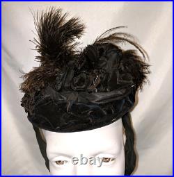 Antique Edwardian Ostrich Plume Velvet Satin Womens Hat Bonnet Victorian