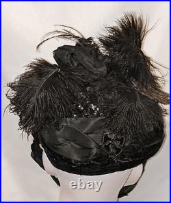 Antique Edwardian Ostrich Plume Velvet Satin Womens Hat Bonnet Victorian