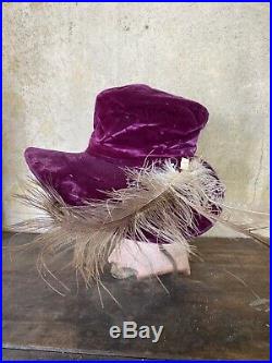 Antique Edwardian Purple Silk Velvet Wide Brim Hat White Feather Plumes Vintage