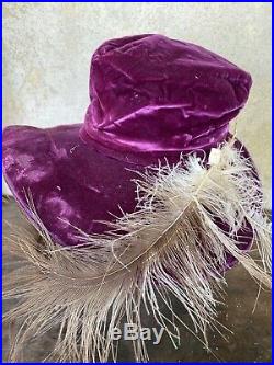 Antique Edwardian Purple Silk Velvet Wide Brim Hat White Feather Plumes Vintage