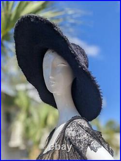 Antique Edwardian Real Black Angora Fur Floppy Wide Brim Hat