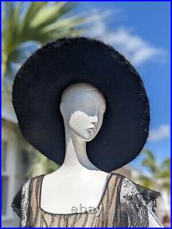 Antique Edwardian Real Black Angora Fur Floppy Wide Brim Hat