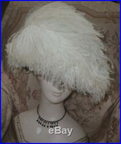 Antique Edwardian Silk Cloche w Big White Ostrich Plumes Downton Abbey Sz Lrg