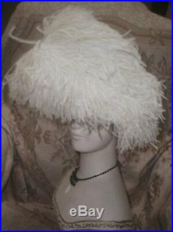 Antique Edwardian Silk Cloche w Big White Ostrich Plumes Downton Abbey Sz Lrg