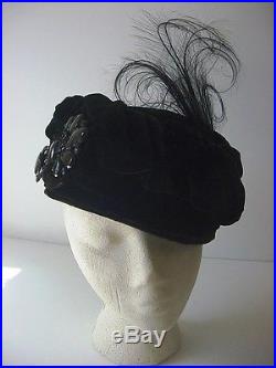 Antique Edwardian Velvet Toque Hat with French Jet and Feather detail