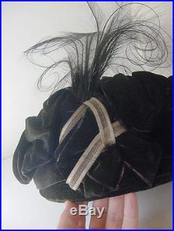 Antique Edwardian Velvet Toque Hat with French Jet and Feather detail