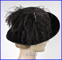 Antique Edwardian Velvet Torque Hat W Feathers & Turned Up Side