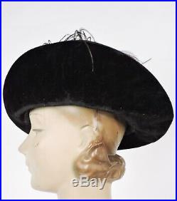 Antique Edwardian Velvet Torque Hat W Feathers & Turned Up Side