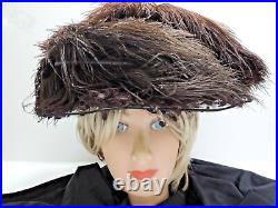 Antique Edwardian Vict. Woman's Brown Black Ostrich Feathered Hat Lg Brim Lavish