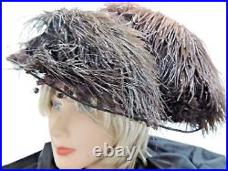 Antique Edwardian Vict. Woman's Brown Black Ostrich Feathered Hat Lg Brim Lavish