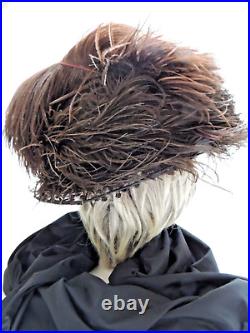 Antique Edwardian Vict. Woman's Brown Black Ostrich Feathered Hat Lg Brim Lavish