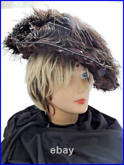 Antique Edwardian Vict. Woman's Brown Black Ostrich Feathered Hat Lg Brim Lavish